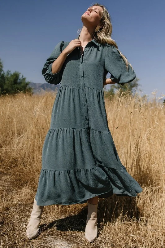 Sheath midi dresses with beaded embellishments for a formal occasion Sandy Button Tiered Dress | Jade Sheath midi dresses with beaded embellishments for a formal occasion Sandy Button Tiered Dress | Jade