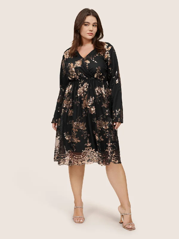 Midi dresses with side slits for a sexy and elegant appearance Floral Sequin Elastic Waist Mesh Wrap Dress Midi dresses with side slits for a sexy and elegant appearance Floral Sequin Elastic Waist Mesh Wrap Dress