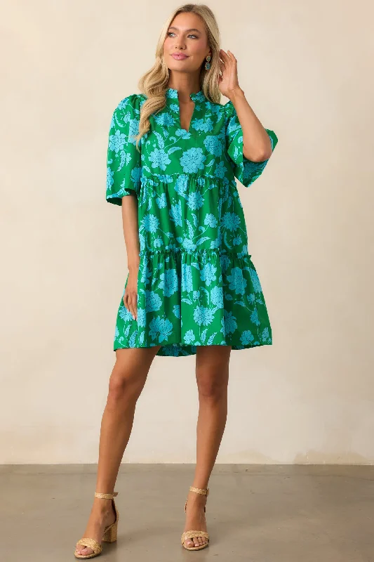 Mini dresses with button - down fronts After The Rain Green Floral Cotton Mini Dress