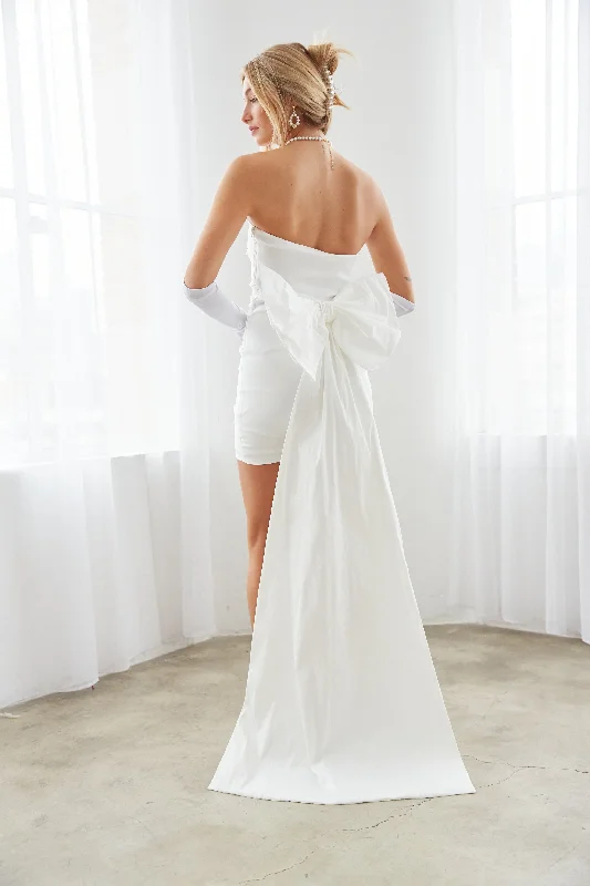 Ruffled mini dresses for a romantic touch Valencia Strapless Bodycon Bow Train Mini Dress