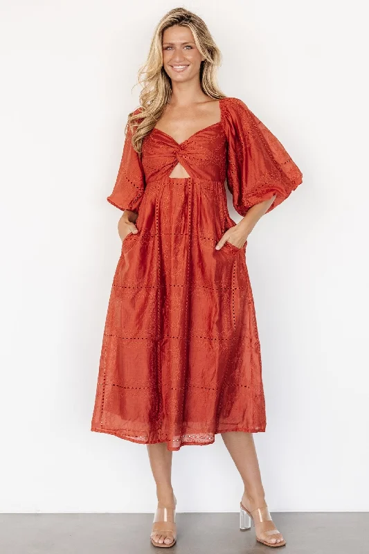 Midi dresses with bow accents for a sweet and charming look Brynn Midi Dress | Rust