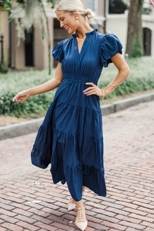 Midi dresses with wrap - around skirts for a customizable fit Coming Back For You Navy Blue Tiered Midi Dress Midi dresses with wrap - around skirts for a customizable fit Coming Back For You Navy Blue Tiered Midi Dress