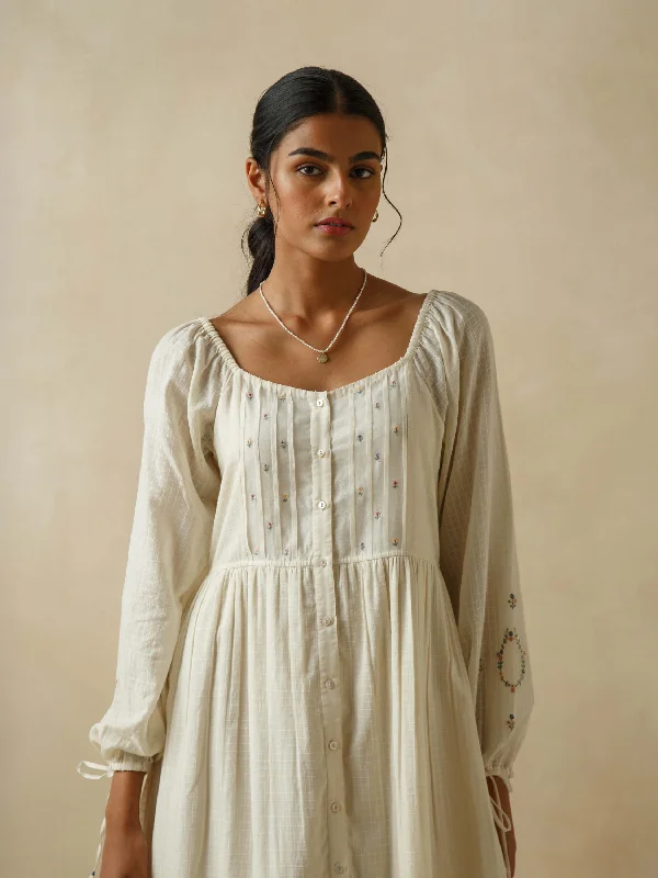 Midi dresses with lace - up fronts for a unique and adjustable style Antique White Scallop Tier Dress