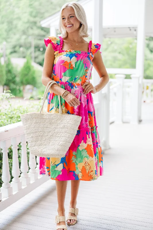Midi dresses with satin - finish fabrics for a luxurious feel Tell It All Pink Floral Midi Dress Midi dresses with satin - finish fabrics for a luxurious feel Tell It All Pink Floral Midi Dress