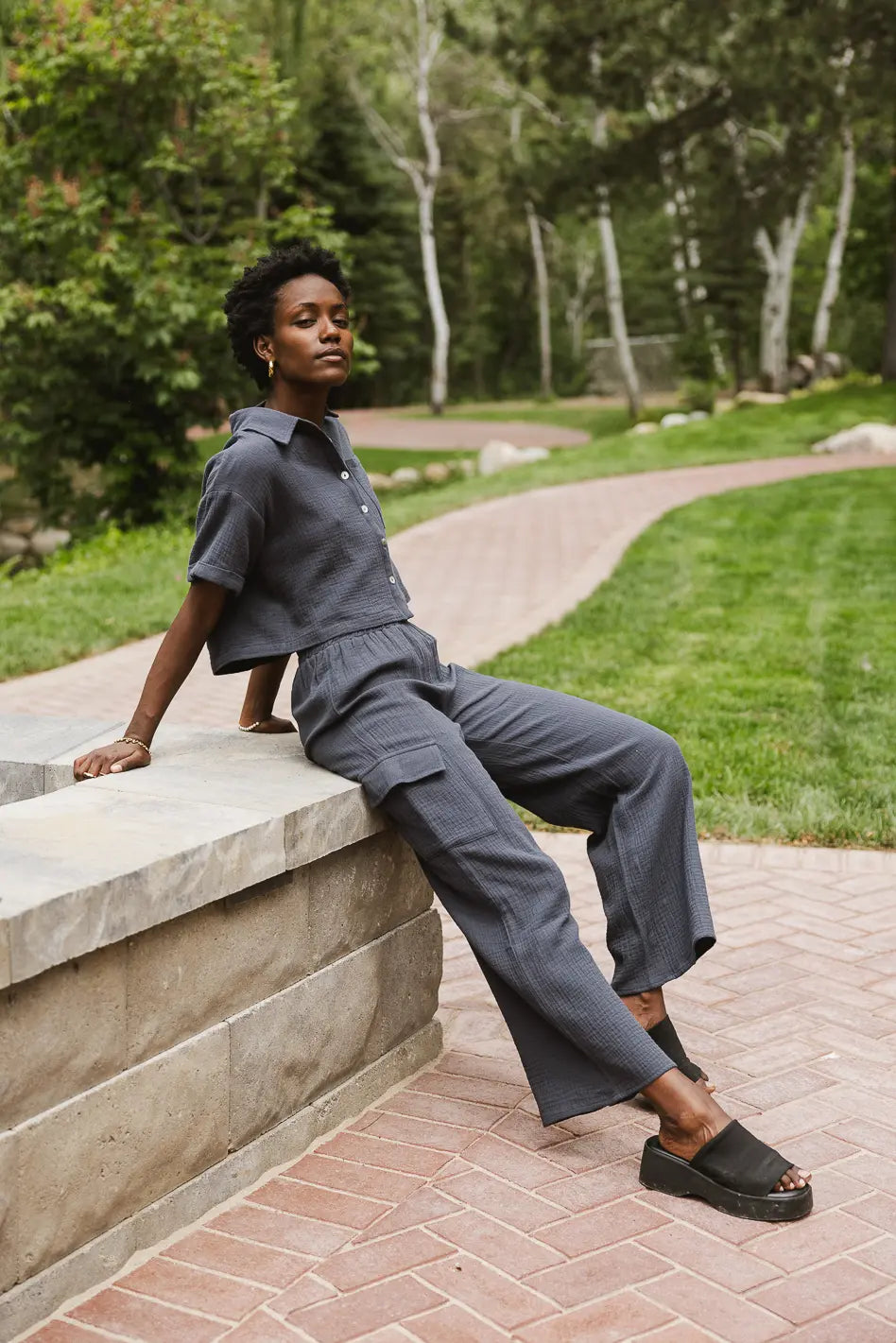 Women's Straight - Leg Linen Pants for a Breezy Summer LookBenji Cotton Gauze Pants in Slate Blue - FINAL SALE Women's Straight - Leg Linen Pants for a Breezy Summer LookBenji Cotton Gauze Pants in Slate Blue - FINAL SALE