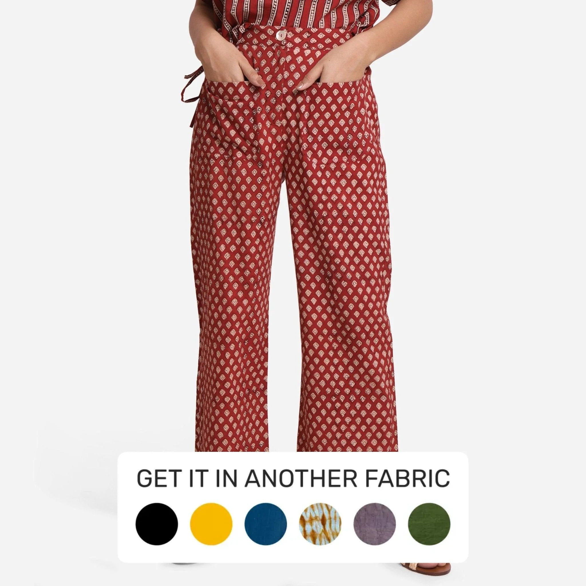 Palazzo Style Women's Printed Trousers in Bohemian PatternsBrick Red Block Printed Cotton Ankle Length Pant