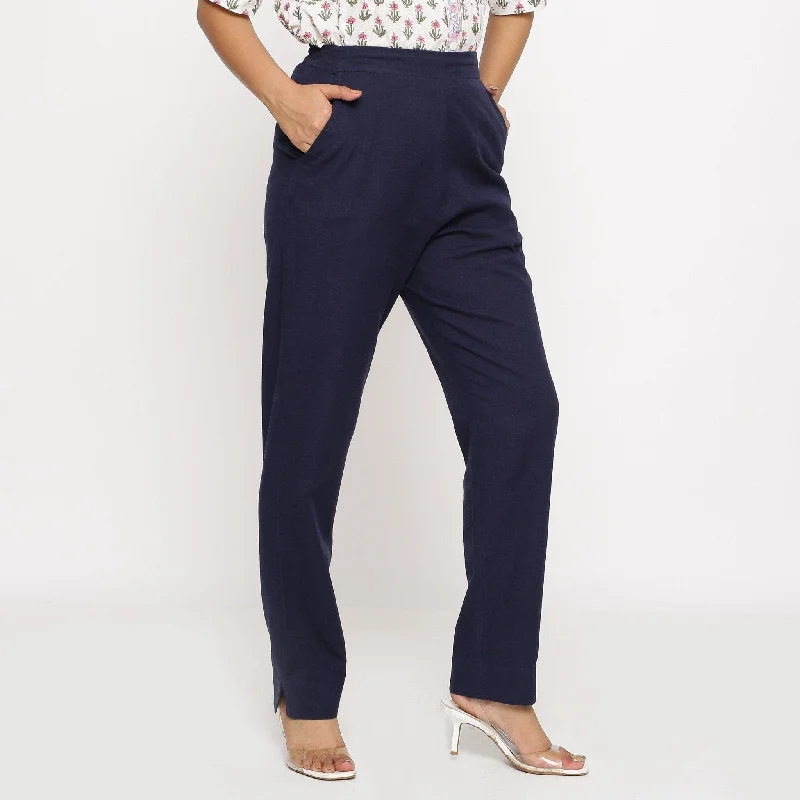 Palazzo Style Women's Printed Trousers in Bohemian PatternsNavy Blue Cotton Flax Elasticated Mid-Rise Pant Palazzo Style Women's Printed Trousers in Bohemian PatternsNavy Blue Cotton Flax Elasticated Mid-Rise Pant