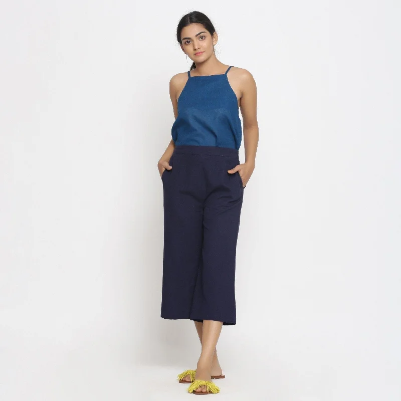 Navy Blue Cotton Flax Mid-Rise Elasticated Culottes