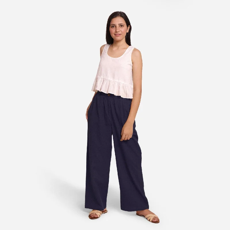 Tapered Leg Women's Wool Blend Trousers for WinterNavy Blue Cotton Flax Mid-Rise Elasticated Wide Legged Pant Tapered Leg Women's Wool Blend Trousers for WinterNavy Blue Cotton Flax Mid-Rise Elasticated Wide Legged Pant