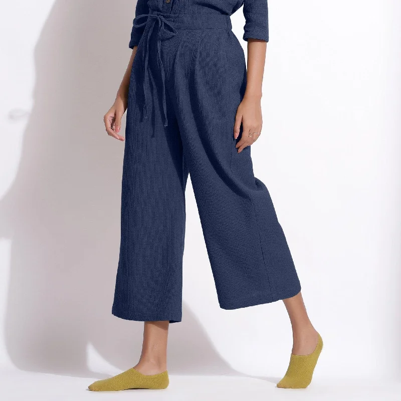 Navy Blue Warm Cotton Waffle Calf Length Culottes