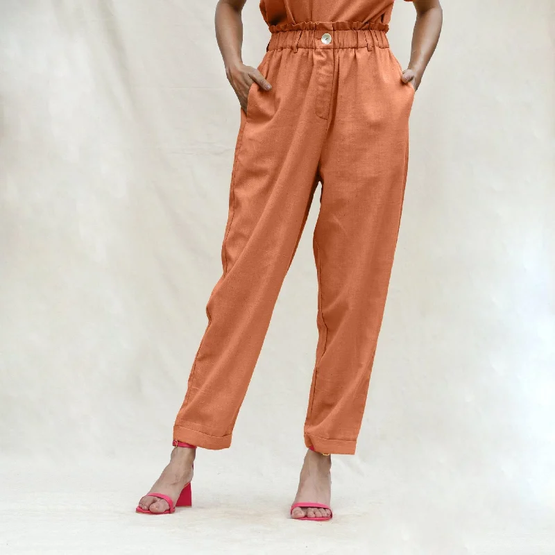Straight - Leg Women's Vegan Leather Pants for a Chic LookOrange Handspun Cotton High-Rise Elasticated Paperbag Pant Straight - Leg Women's Vegan Leather Pants for a Chic LookOrange Handspun Cotton High-Rise Elasticated Paperbag Pant