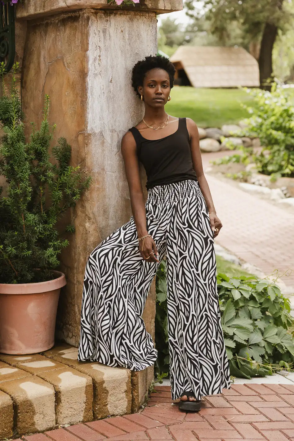 Wide - Leg Women's Chiffon Palazzo Pants for a Flowy AppealPetra Abstract Smocked Pants in Black Wide - Leg Women's Chiffon Palazzo Pants for a Flowy AppealPetra Abstract Smocked Pants in Black