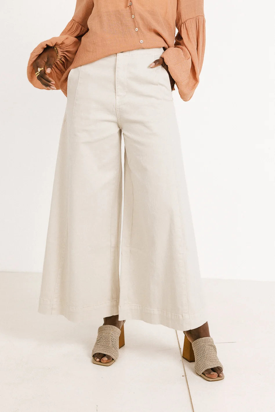 Plus Size Women's Pleated Front Dress Pants for Office WearRue Wide Leg Jeans in Beige - FINAL SALE Plus Size Women's Pleated Front Dress Pants for Office WearRue Wide Leg Jeans in Beige - FINAL SALE
