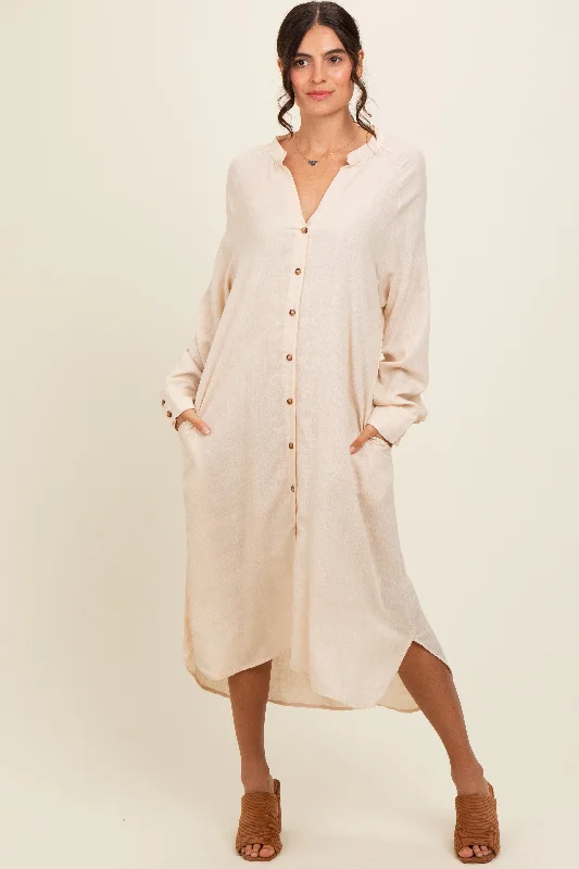 Beige Button Down Midi Dress