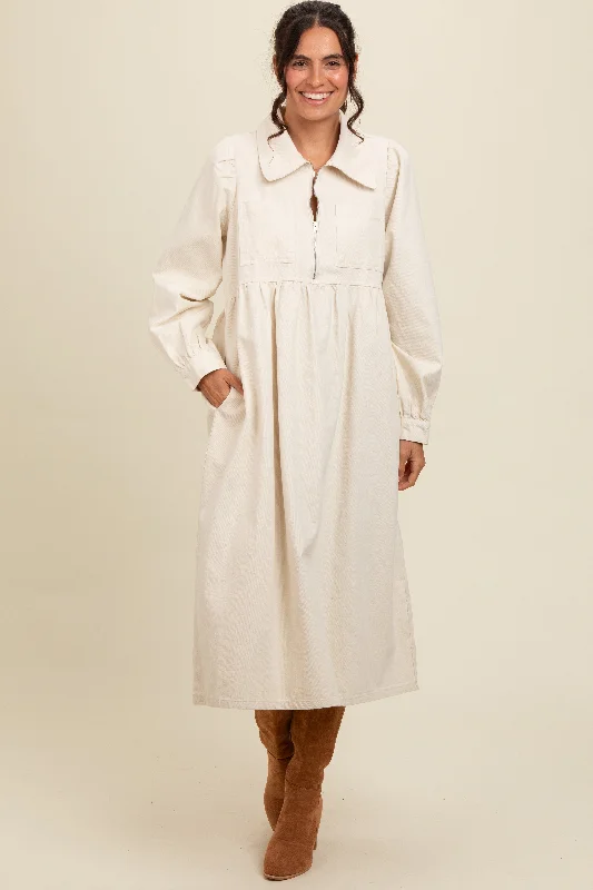 Cream Half Zip Front Pocket Collared Midi Dress