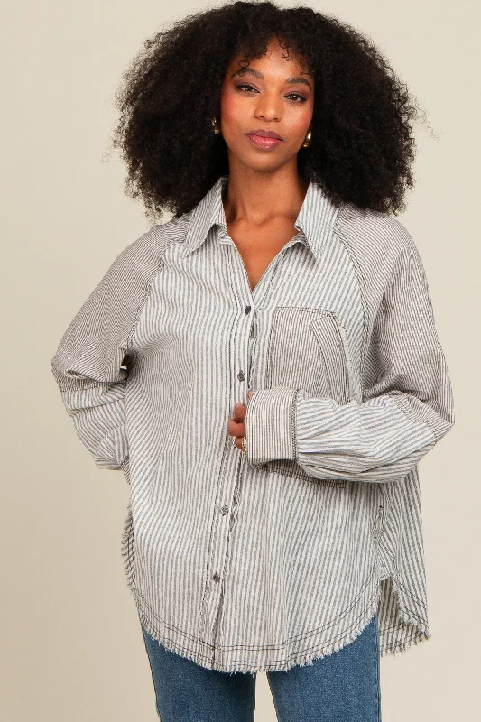 Ivory Striped Button Down Oversized Long Sleeve Top