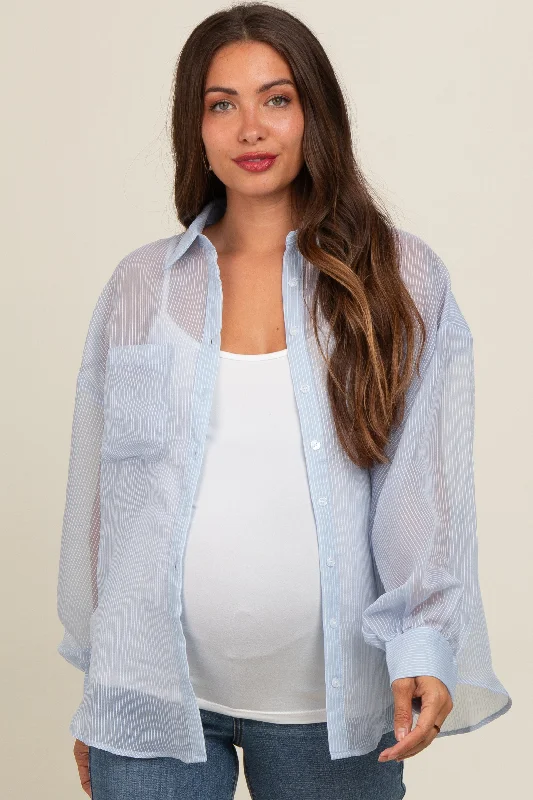 Light Blue Sheer Striped Maternity Button Down Blouse