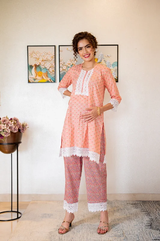 Luxe Paradise Peach Maternity & Nursing Kurta + Bump Band Bottom + Dupatta (3 Pc) (100% Cotton)