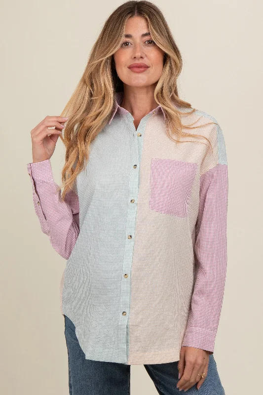 Magenta Colorblock Gingham Maternity Button Down Top