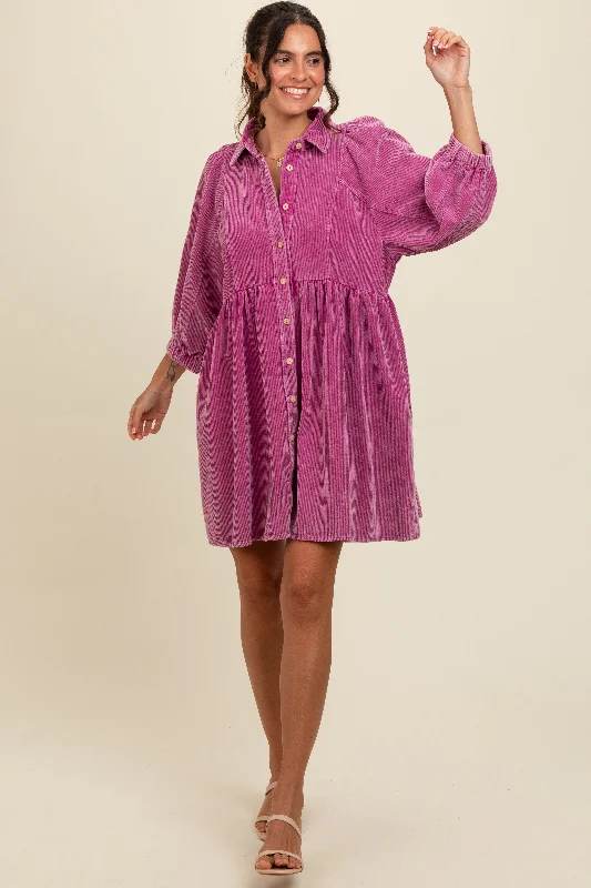 Magenta Corduroy Button Down Dress