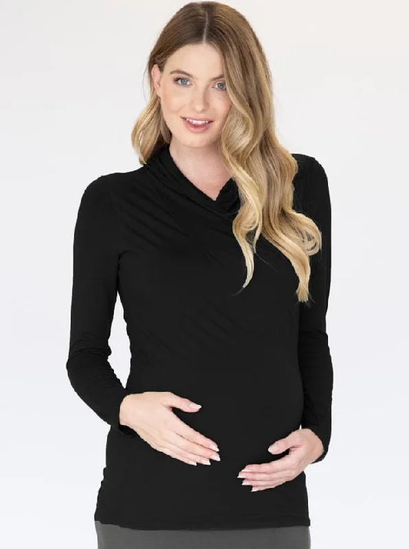 Maternity V-Neck Crossover Bamboo Long Sleeve Top in Black