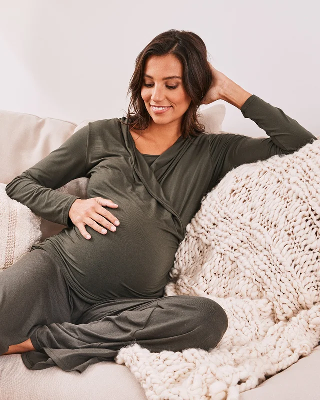 Maternity V-Neck Crossover Bamboo Long Sleeve Top - Olive Green