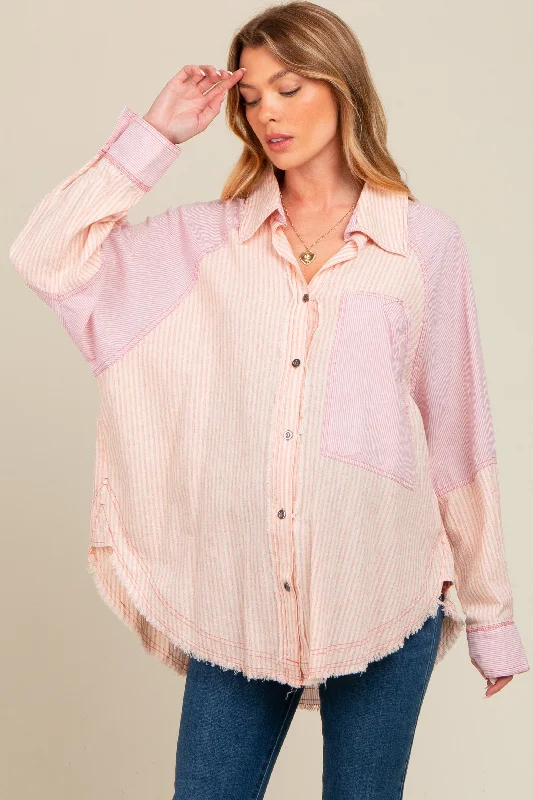 Mauve Striped Button Down Oversized Long Sleeve Maternity Top