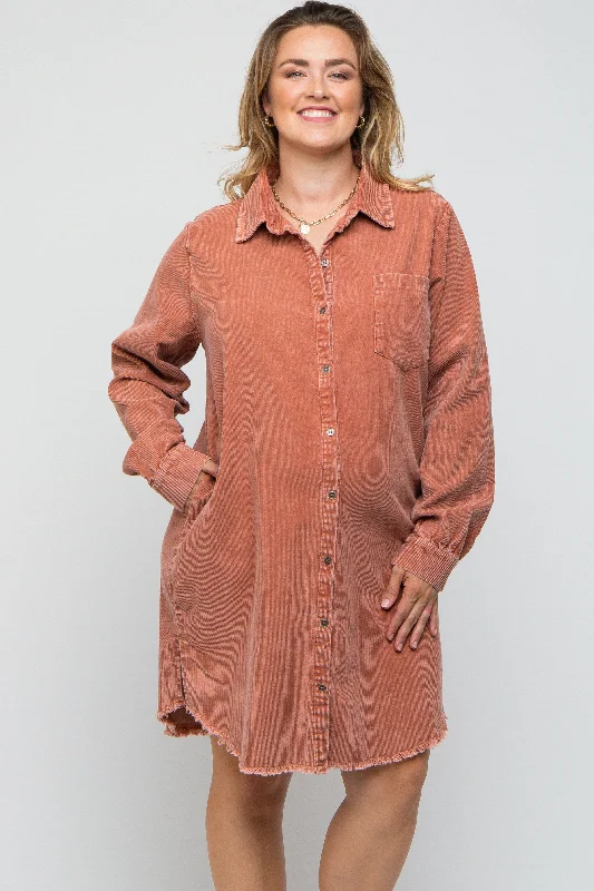 Rust Corduroy Button Down Collared Plus Maternity Dress