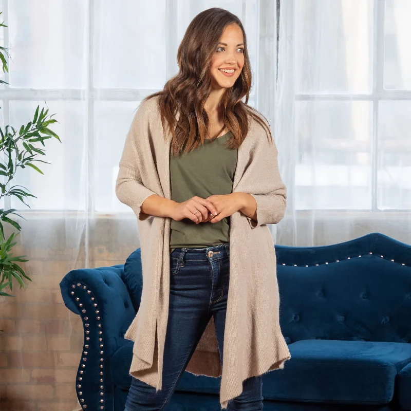 long length women cardigan with side slitsWomen's Knitted 3/4 Sleeve Open Cardigan