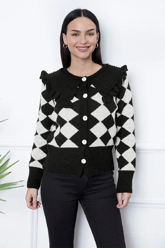cropped women cardigan to pair with high - waisted jeansArgyle Element Button Up Ruffled Cardigan cropped women cardigan to pair with high - waisted jeansArgyle Element Button Up Ruffled Cardigan