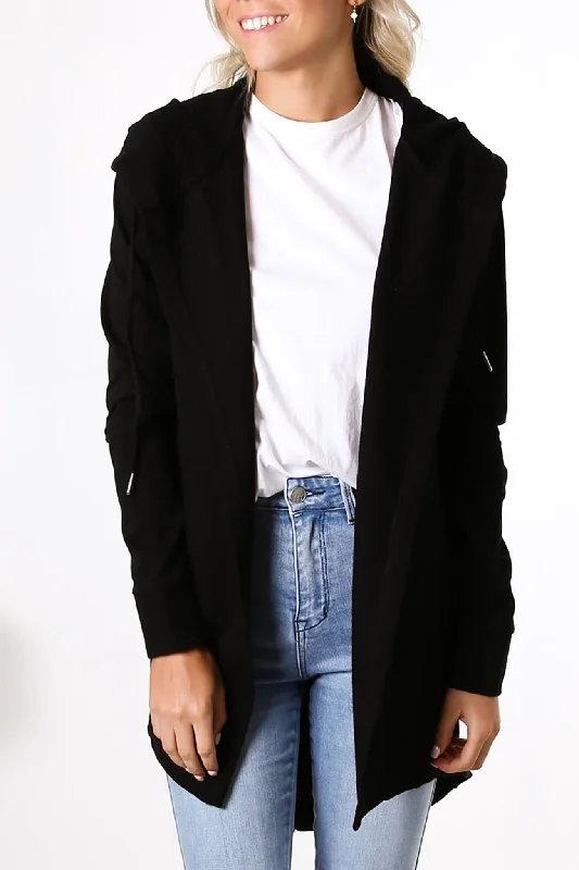 open front women cardigan for easy stylingAshleigh Hooded Cardi Black