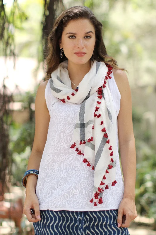 oversized women cardigan for a trendy and cozy lookBlissful Simplicity Hand Woven Silk Cotton Blend White Shawl with Red Tassels