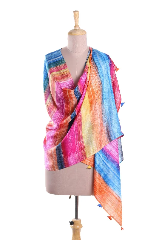 open front women cardigan for easy stylingCarnival Party Bright Multi-Color Striped Hand Printed 100% Silk Shawl open front women cardigan for easy stylingCarnival Party Bright Multi-Color Striped Hand Printed 100% Silk Shawl