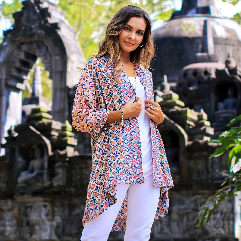lightweight women cardigan for spring and fallKelud Crisscross Chili and Azure Printed Rayon Kimono from Bali lightweight women cardigan for spring and fallKelud Crisscross Chili and Azure Printed Rayon Kimono from Bali