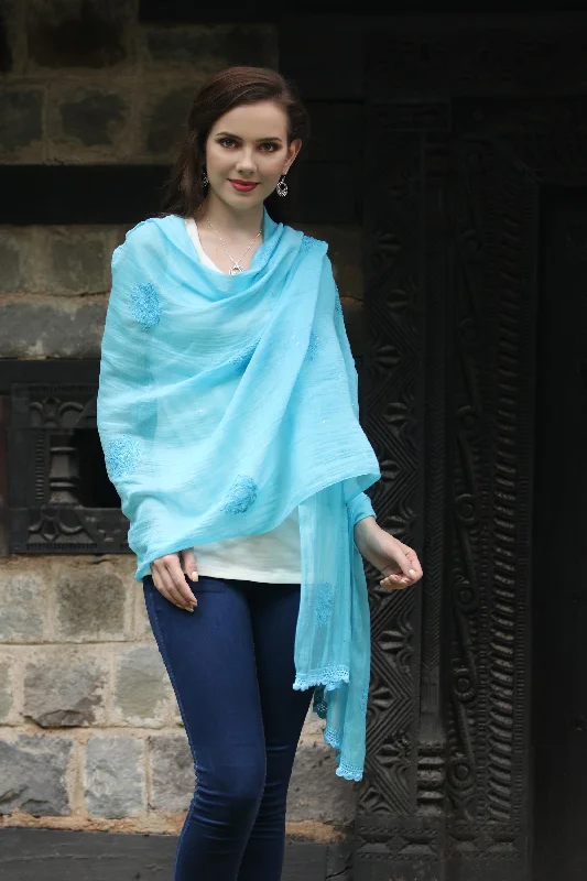 machine washable women cardigan for easy careLucknow Bouquet in Blue Hand Embroidered Sky Blue Cotton Blend Shawl from India machine washable women cardigan for easy careLucknow Bouquet in Blue Hand Embroidered Sky Blue Cotton Blend Shawl from India