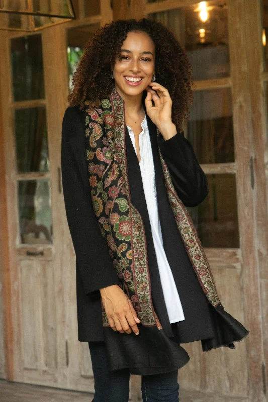 lightweight women cardigan for spring and fallMidnight Garden Floral Wool Shawl in Black from India lightweight women cardigan for spring and fallMidnight Garden Floral Wool Shawl in Black from India