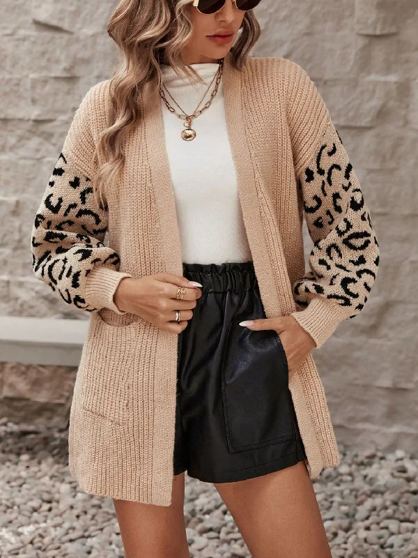 hand knitted women cardigan with artisanal charmPocketed Leopard Open Front Cardigan hand knitted women cardigan with artisanal charmPocketed Leopard Open Front Cardigan