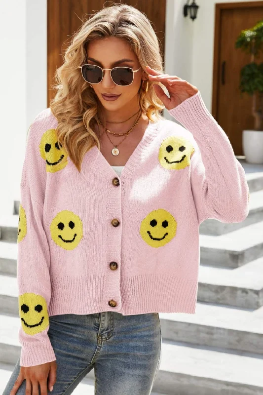 open front women cardigan for easy stylingSmiley Face Ribbed Trim V-Neck Cardigan