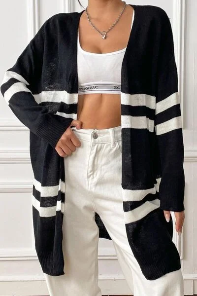 organic cotton women cardigan for an eco - friendly choiceStriped Open Front Dropped Shoulder Cardigan organic cotton women cardigan for an eco - friendly choiceStriped Open Front Dropped Shoulder Cardigan