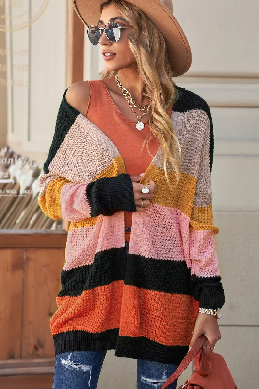 oversized women cardigan for a trendy and cozy lookStriped Waffle Knit Open Front Cardigan oversized women cardigan for a trendy and cozy lookStriped Waffle Knit Open Front Cardigan
