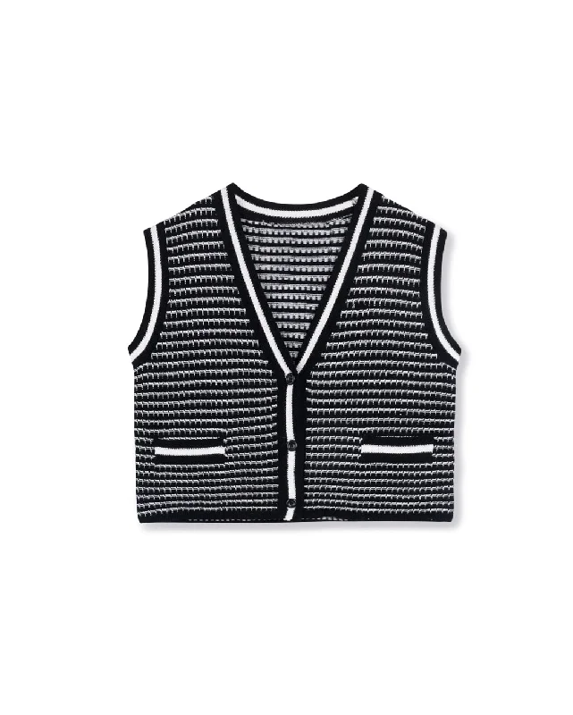 hand knitted women cardigan with artisanal charmTwo Tone Knit Vest With Buttons