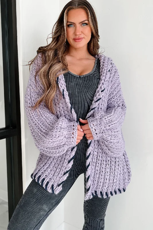 button down women cardigan with vintage buttonsWarm Emotions Stitch Edged Chunky Knit Cardigan (Lilac)