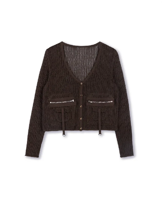 long length women cardigan with side slitsZipper Pocket Detailed Pointelle Cardigan