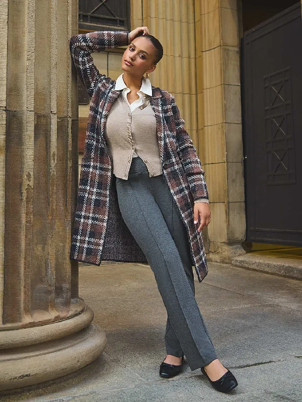 Plus Size Women's Side - Slit Sweaters in Bold SolidsPlaid Jacquard Notch Collar One-Button Duster