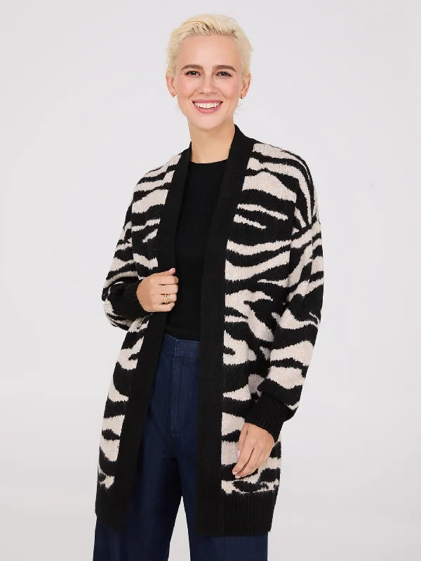 Plus Size Women's Ruffled Hem Sweaters in Floral PrintsZebra Print Drop Shoulder Duster Plus Size Women's Ruffled Hem Sweaters in Floral PrintsZebra Print Drop Shoulder Duster