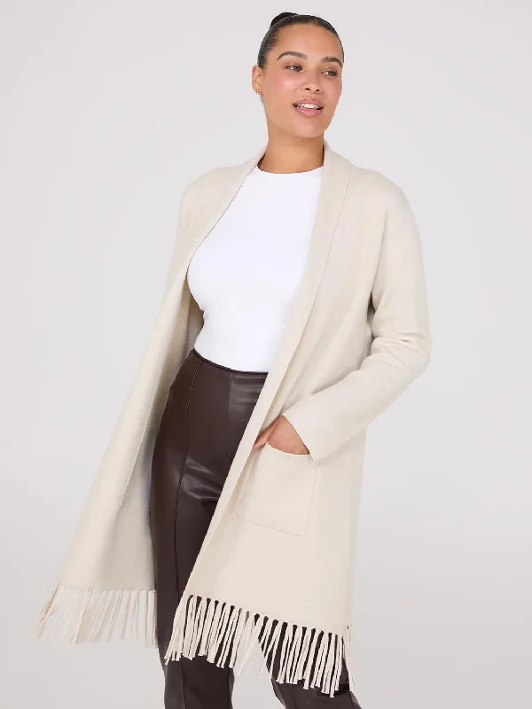 Button - Down Women's Shetland Wool Sweaters in Traditional PatternsShawl Collar Duster With Fringe Hem Button - Down Women's Shetland Wool Sweaters in Traditional PatternsShawl Collar Duster With Fringe Hem