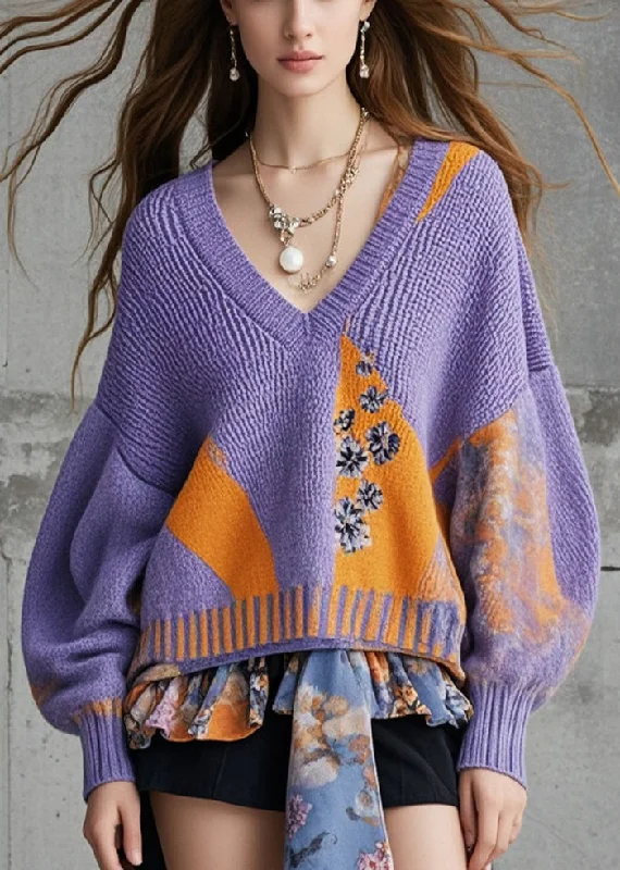 V - Neck Women's Ribbed Wool Sweaters for FallBeautiful Purple Oversized Patchwork Knit Sweaters Fall V - Neck Women's Ribbed Wool Sweaters for FallBeautiful Purple Oversized Patchwork Knit Sweaters Fall
