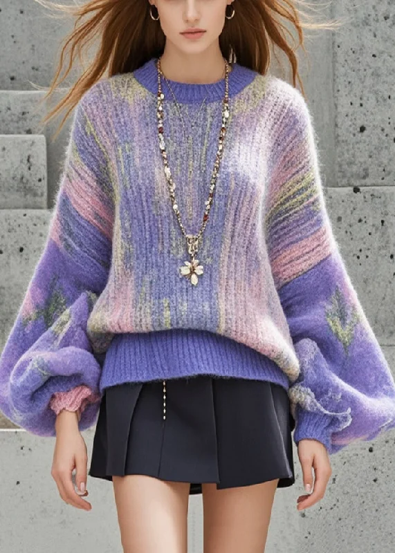 Cropped Women's Angora Blend Sweaters for a Trendy LookBeautiful Purple Oversized Print Thick Short Sweater Lantern Sleeve Cropped Women's Angora Blend Sweaters for a Trendy LookBeautiful Purple Oversized Print Thick Short Sweater Lantern Sleeve