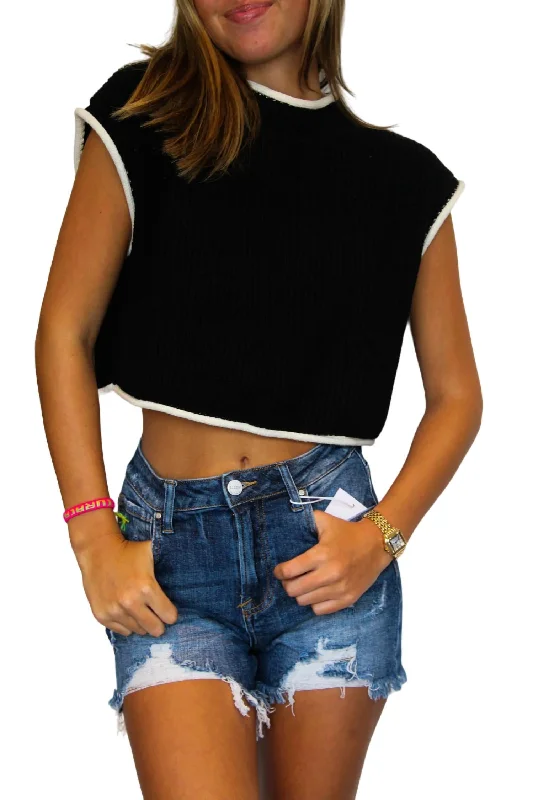Split - Hem Women's Linen Blend Sweaters for SpringBoxy Contrast Sweater Top In Black Split - Hem Women's Linen Blend Sweaters for SpringBoxy Contrast Sweater Top In Black