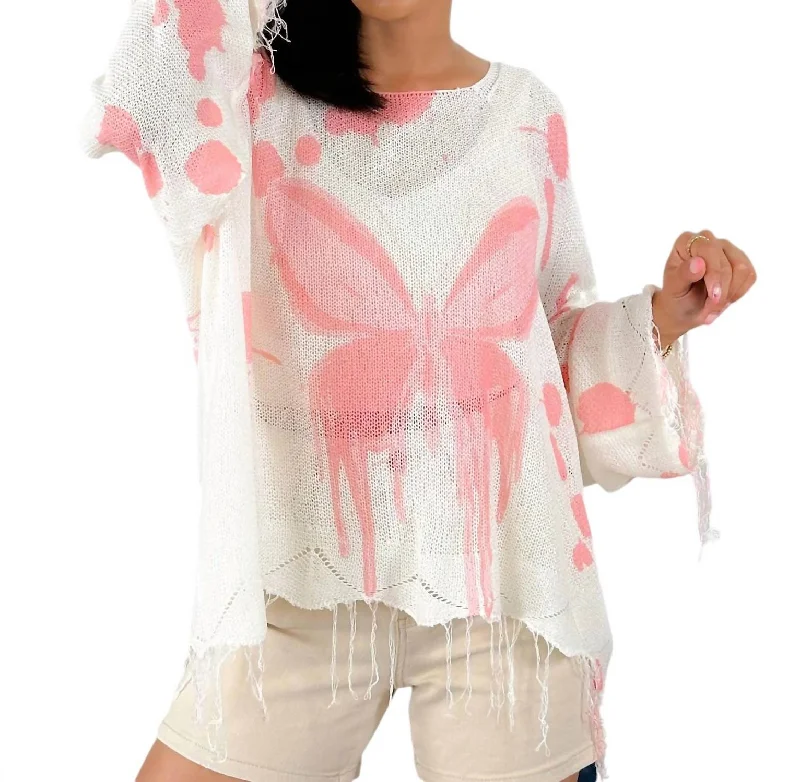 Wrap - Style Women's Lambswool Sweater Dresses in Elegant ShadesButterfly Top In White And Pink Wrap - Style Women's Lambswool Sweater Dresses in Elegant ShadesButterfly Top In White And Pink